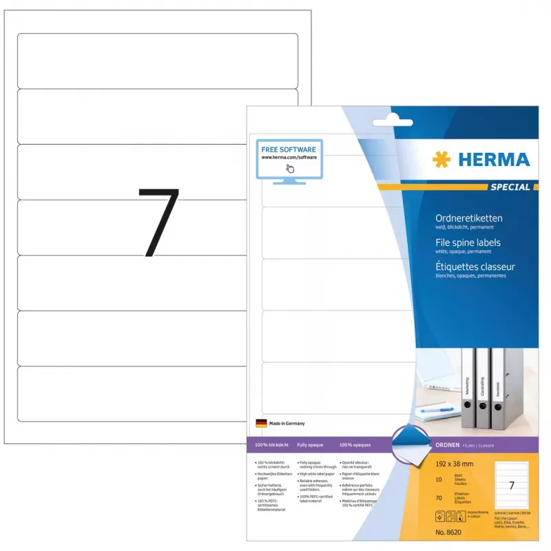 Knygų nugarėlių etiketės HERMA A4 192x38 mm 70 vnt.