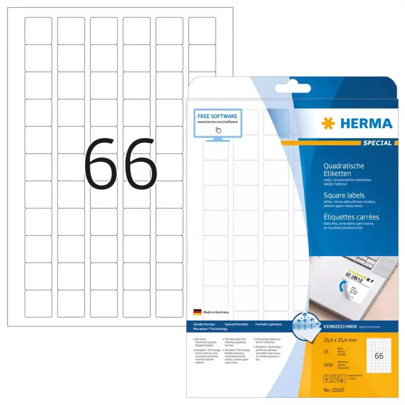 Lipnios etiketės HERMA Nuimamos A4 25,4x25,4 mm 1650 vnt.