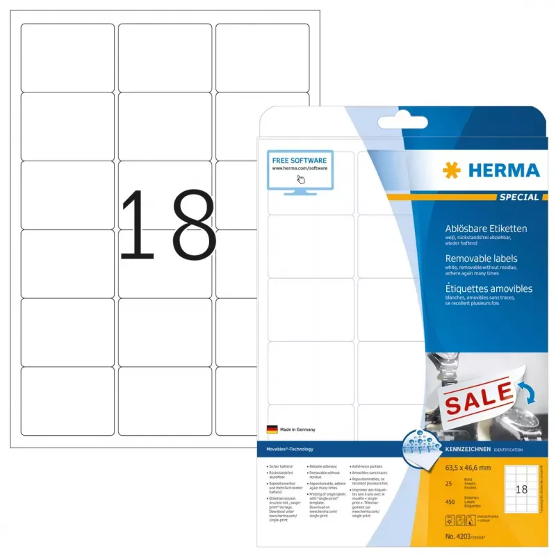 Nuimami lipdukai HERMA A4 63,5x46,6 mm balti Movables 450 vnt.