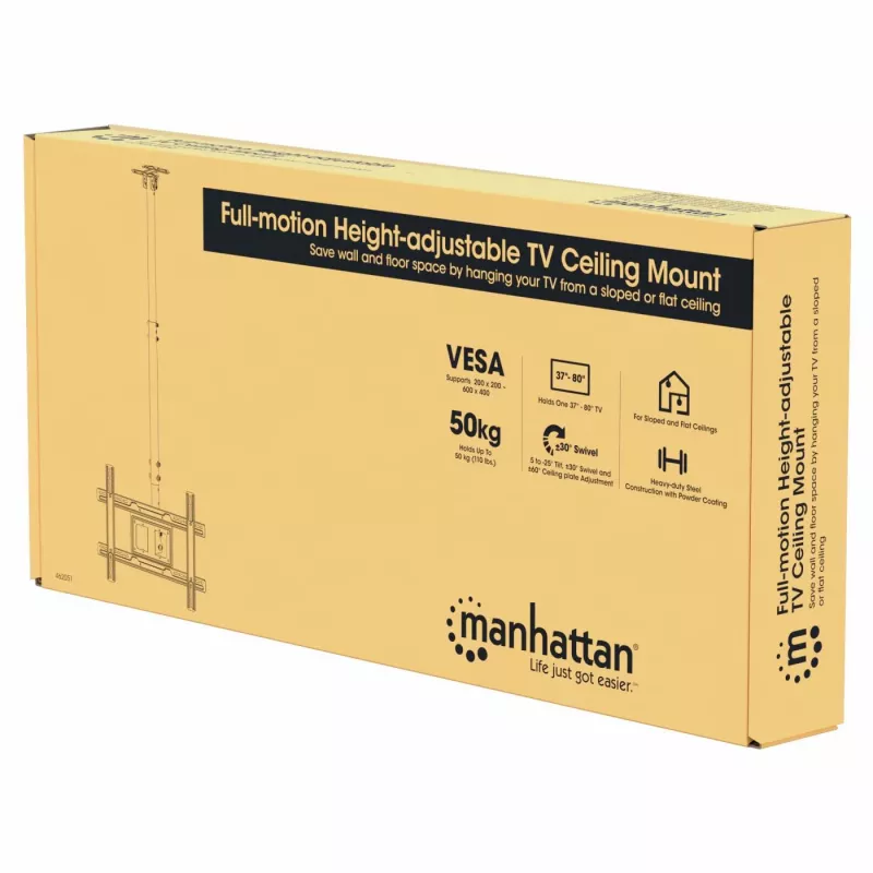 Manhattan lubinis laikiklis televizoriams ir monitoriams, Ekranams: nuo 37 iki 65 colių, Reguliuojamas aukštis: 70-157 cm, VESA suderinamumas: visi tarp 200x200 iki 600x400 mm - patikrinkite keturių montavimo skylių matmenis ekrano gale, kad įsitikintumėte, jog tinka, Maks. 50 kg, LFD, Laikiklis