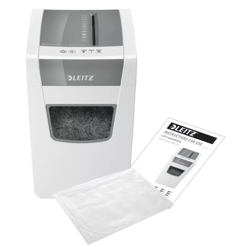 Leitz IQ plonas Home Office popieriaus smulkintuvas P4, kryžminis smulkinimas, 22 cm, 4 x 28 mm, 23 L, 225 lapai, 58 dB