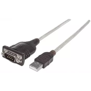 Manhattan USB-A į nuoseklųjį keitiklį laidas, 1,8 m, kištukas-kištukas, nuoseklioji/RS232/COM/DB9, Prolific PL-2303RA lustas, juodas/sidabrinis laidas, trejų metų garantija