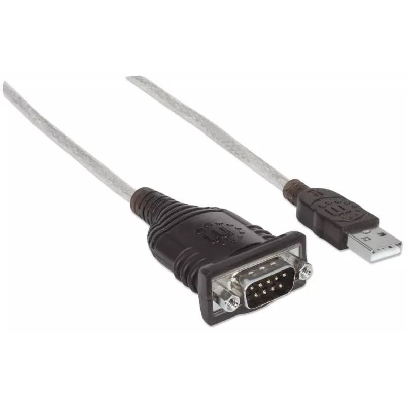 Manhattan USB-A į nuoseklųjį keitiklį laidas, 1,8 m, kištukas-kištukas, nuoseklioji/RS232/COM/DB9, Prolific PL-2303RA lustas, juodas/sidabrinis laidas, trejų metų garantija