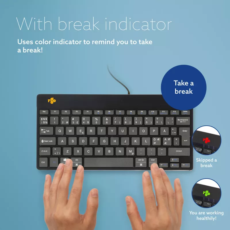 “R-Go Tools” ergonominė klaviatūra “R-Go Compact Break”, kompaktiška klaviatūra su pertraukų programine įranga, QWERTY (šiaurės šalių), laidinė, juoda