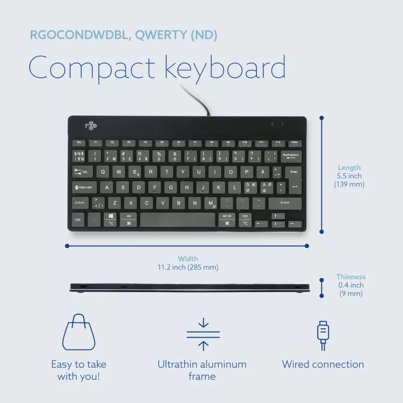 “R-Go Tools” ergonominė klaviatūra “R-Go Compact Break”, kompaktiška klaviatūra su pertraukų programine įranga, QWERTY (šiaurės šalių), laidinė, juoda