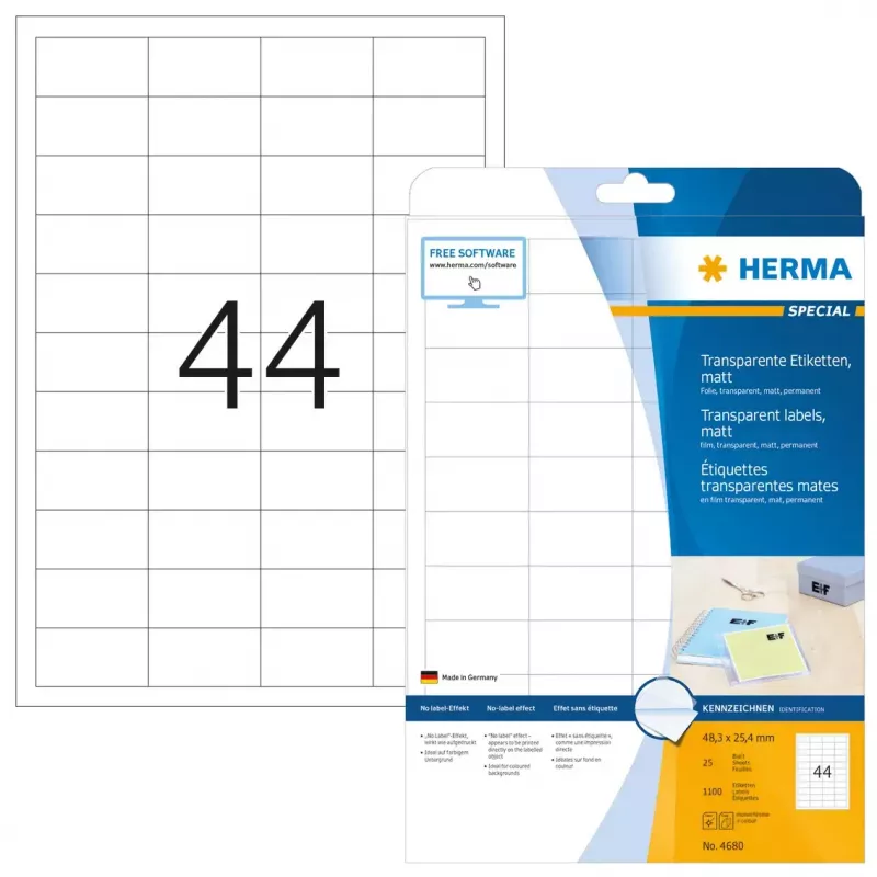 Lipnios spausdintuvo etiketės HERMA Labels skaidri matinė A4 48,3x25,4 mm plėvelė 1100 vnt.