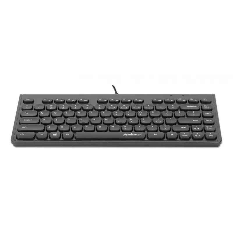 Manhattan plonas Wired USB Mini klaviatūra, 12 multimedijos/funkcinių klavišų, integruotas 1,5 m (5 pėdų) USB-A kabelis, kompaktiškas, žemo profilio formatas, PC ir nešiojamiesiems kompiuteriams, juoda
