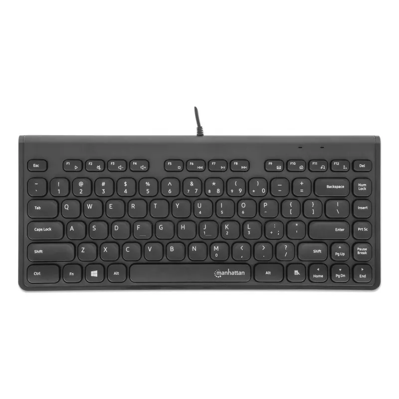Manhattan plonas Wired USB Mini klaviatūra, 12 multimedijos/funkcinių klavišų, integruotas 1,5 m (5 pėdų) USB-A kabelis, kompaktiškas, žemo profilio formatas, PC ir nešiojamiesiems kompiuteriams, juoda