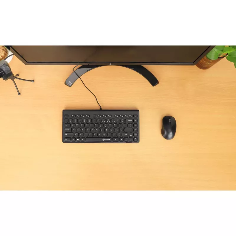 Manhattan plonas Wired USB Mini klaviatūra, 12 multimedijos/funkcinių klavišų, integruotas 1,5 m (5 pėdų) USB-A kabelis, kompaktiškas, žemo profilio formatas, PC ir nešiojamiesiems kompiuteriams, juoda