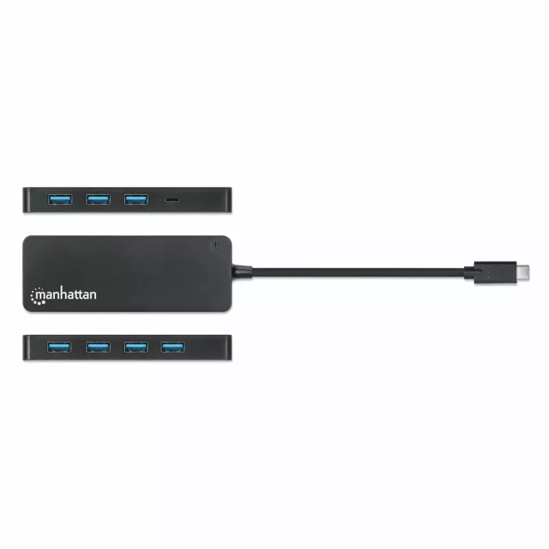 Manhattan USB-C dokas / šakotuvas, prievadai (x7): USB-A (x7), 5 Gbps (USB 3.2 Gen1 t. y. USB 3.0), išorinis maitinimas nereikalingas, universalus visiems įrenginiams, 15 cm laidas, SuperSpeed USB, juodas, trejų metų garantija