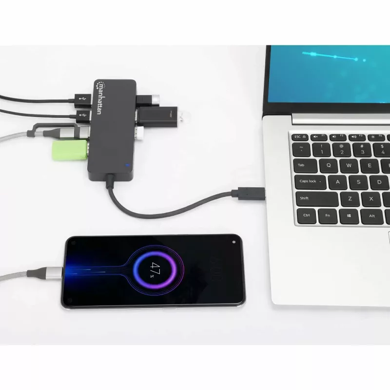 Manhattan USB-C dokas / šakotuvas, prievadai (x7): USB-A (x7), 5 Gbps (USB 3.2 Gen1 t. y. USB 3.0), išorinis maitinimas nereikalingas, universalus visiems įrenginiams, 15 cm laidas, SuperSpeed USB, juodas, trejų metų garantija