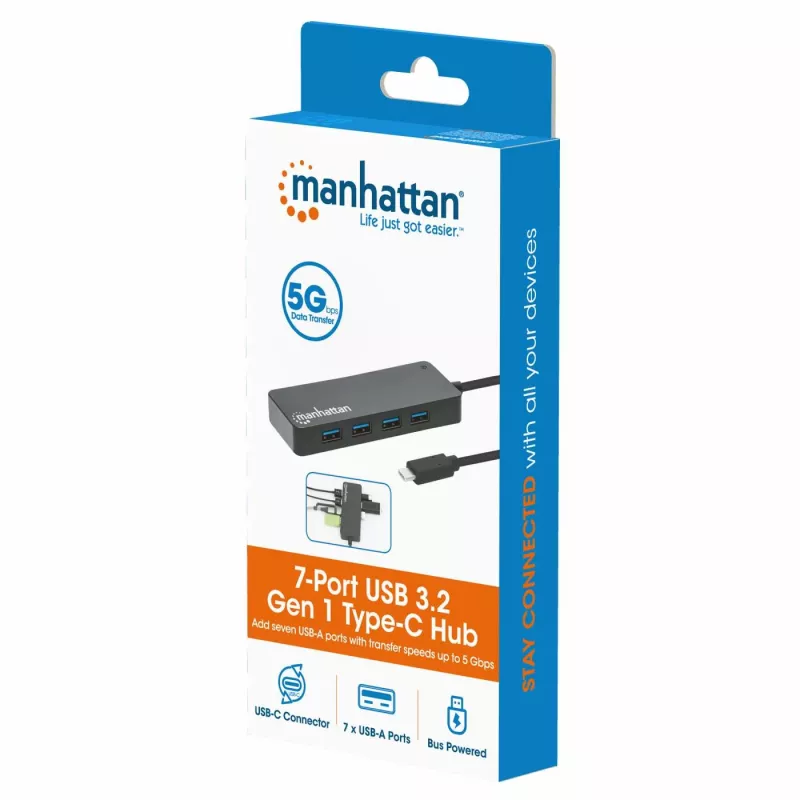 Manhattan USB-C dokas / šakotuvas, prievadai (x7): USB-A (x7), 5 Gbps (USB 3.2 Gen1 t. y. USB 3.0), išorinis maitinimas nereikalingas, universalus visiems įrenginiams, 15 cm laidas, SuperSpeed USB, juodas, trejų metų garantija