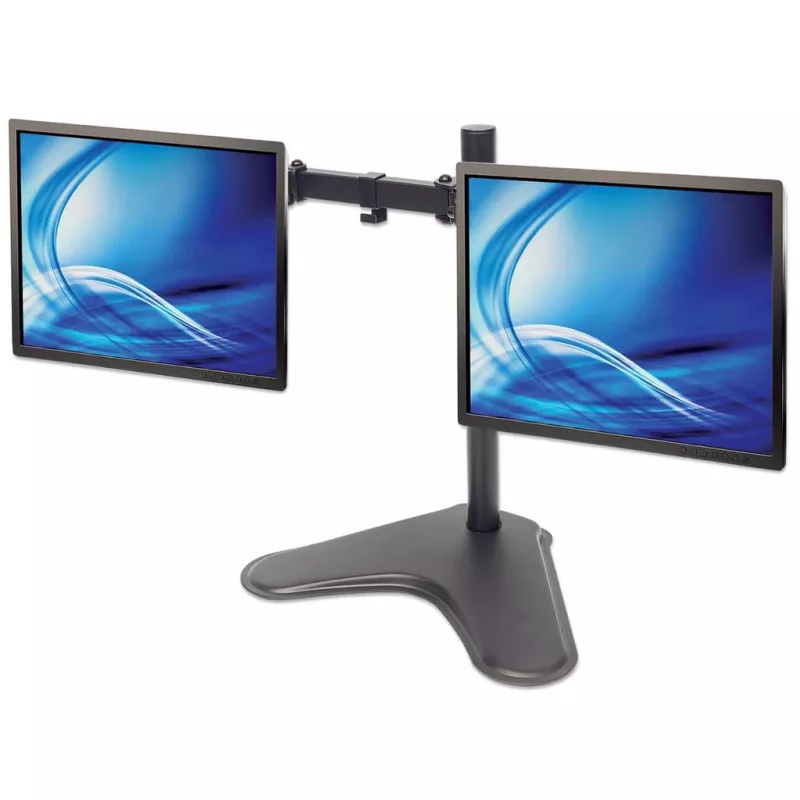 Manhattan dvigubas stalinis stovas TV ir monitoriams (visiškai judinamas), stovo komplektas, ekranams: 10-27 colių, VESA suderinamumas: 75x75 ir 100x100 mm - patikrinkite keturių tvirtinimo skylių matmenis ekrano gale, kad įsitikintumėte, jog tinka, maks. 8 kg (kiekvienam), juodas, laikiklis