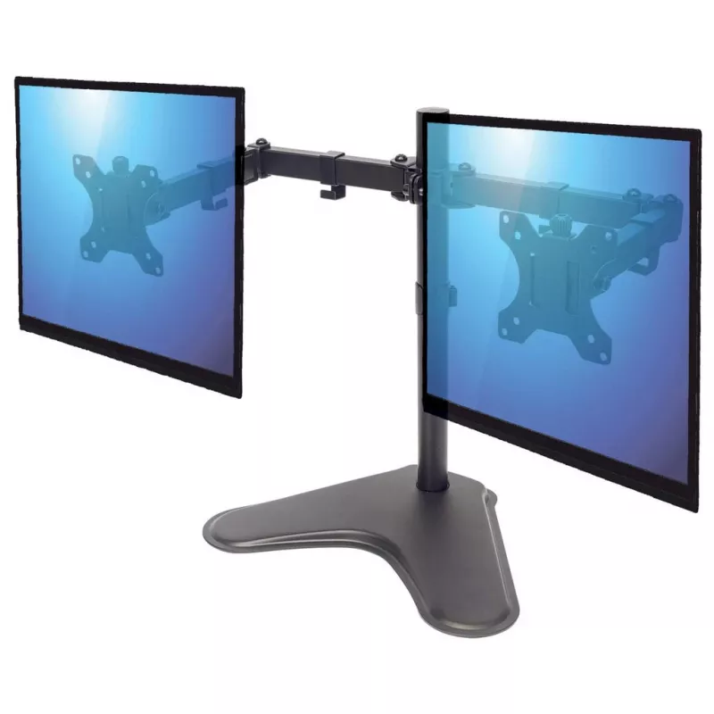 Manhattan dvigubas stalinis stovas TV ir monitoriams (visiškai judinamas), stovo komplektas, ekranams: 10-27 colių, VESA suderinamumas: 75x75 ir 100x100 mm - patikrinkite keturių tvirtinimo skylių matmenis ekrano gale, kad įsitikintumėte, jog tinka, maks. 8 kg (kiekvienam), juodas, laikiklis