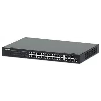 Intellinet 24 prievadų gigabitinis eterneto PoE+ žiniatinkliu valdomas komutatorius su 4 gigabitinių kombinuotų Base-T/SFP prievadų, atitinka IEEE 802.3at/af maitinimo per eternetą (PoE+/PoE) standartus, 370 W, Endspan, 19 colių montavimui į stelažą