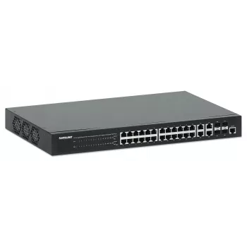 Intellinet 24 prievadų gigabitinis eterneto PoE+ žiniatinkliu valdomas komutatorius su 4 gigabitinių kombinuotų Base-T/SFP prievadų, atitinka IEEE 802.3at/af maitinimo per eternetą (PoE+/PoE) standartus, 370 W, Endspan, 19 colių montavimui į stelažą