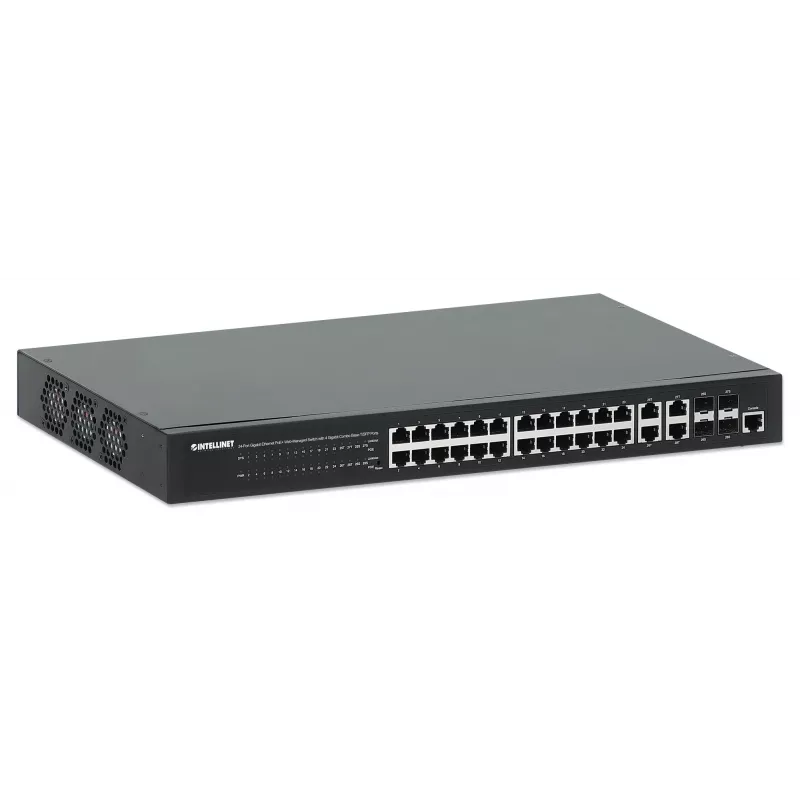 Intellinet 24 prievadų gigabitinis eterneto PoE+ žiniatinkliu valdomas komutatorius su 4 gigabitinių kombinuotų Base-T/SFP prievadų, atitinka IEEE 802.3at/af maitinimo per eternetą (PoE+/PoE) standartus, 370 W, Endspan, 19 colių montavimui į stelažą
