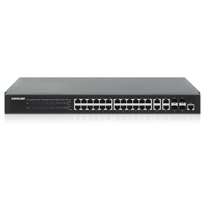 Intellinet 24 prievadų gigabitinis eterneto PoE+ žiniatinkliu valdomas komutatorius su 4 gigabitinių kombinuotų Base-T/SFP prievadų, atitinka IEEE 802.3at/af maitinimo per eternetą (PoE+/PoE) standartus, 370 W, Endspan, 19 colių montavimui į stelažą