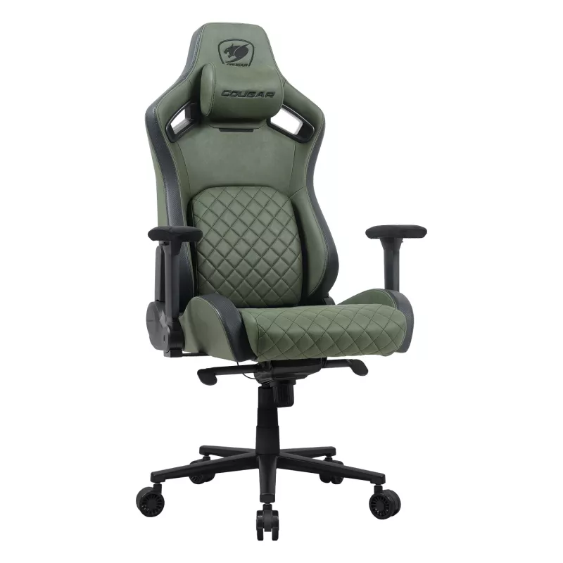 Universali žaidimų kėdė Cougar DEFENSOR S ARMY GREEN F — minkštinta sėdynė, maks. 150 kg, P 760 × G 690 mm, A 129,5–137 cm