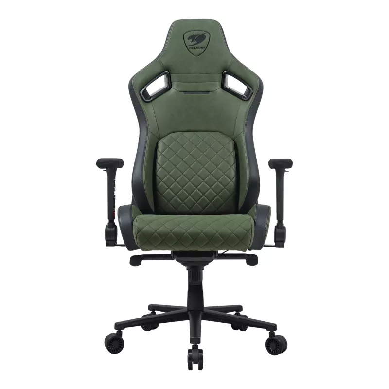 Universali žaidimų kėdė Cougar DEFENSOR S ARMY GREEN F — minkštinta sėdynė, maks. 150 kg, P 760 × G 690 mm, A 129,5–137 cm