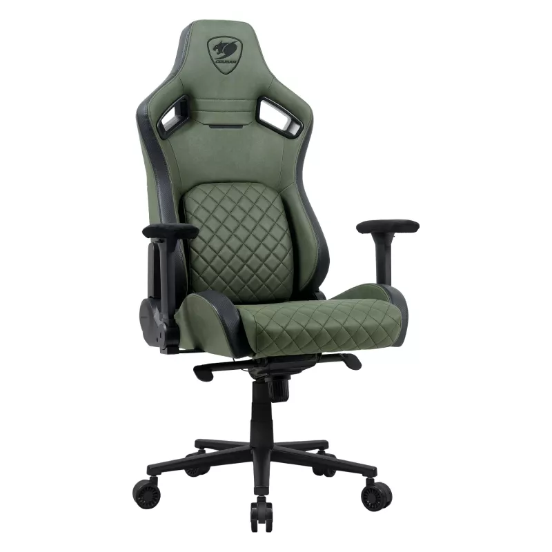 Universali žaidimų kėdė Cougar DEFENSOR S ARMY GREEN F — minkštinta sėdynė, maks. 150 kg, P 760 × G 690 mm, A 129,5–137 cm