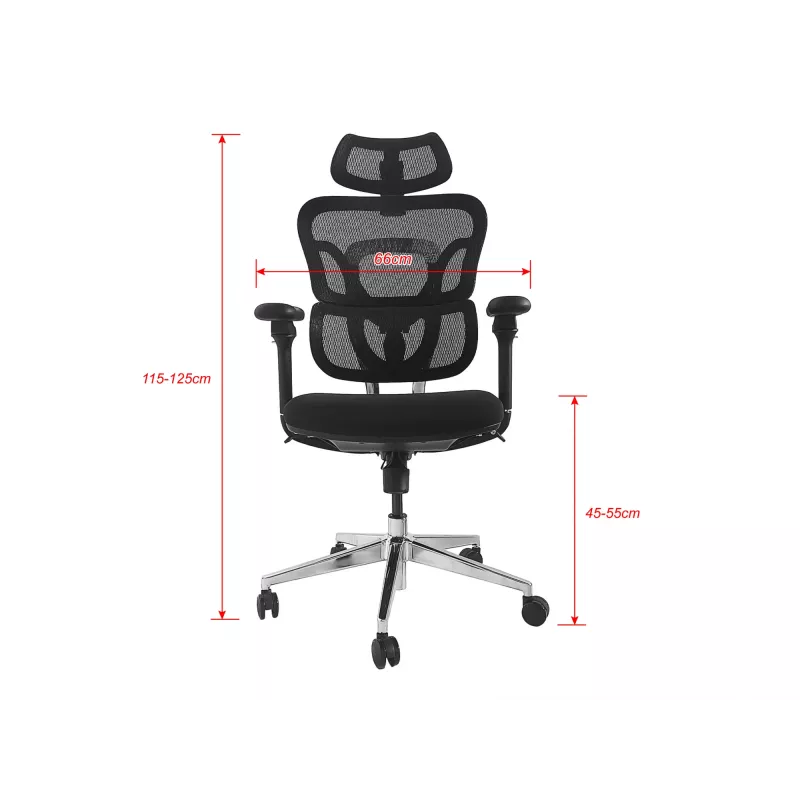 Ergonominė biuro kėdė EQUIP 651053 su galvos atrama ir porankiais, tinklinė atlošas, paminkštinta sėdynė, reguliuojamas aukštis 117–135 cm, plotis 660 mm, juoda
