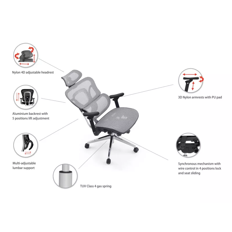 Ergonominė biuro kėdė EQUIP 651053 su galvos atrama ir porankiais, tinklinė atlošas, paminkštinta sėdynė, reguliuojamas aukštis 117–135 cm, plotis 660 mm, juoda