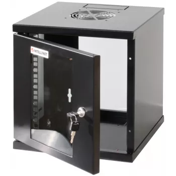Intellinet 10 colių tinklo spinta - sieninė (standartinė), 6U, 300 mm gylio, juoda, surinkta, maks. 60 kg, tinka naudoti ir ant stalo ar grindų, naudingasis gylis 265 mm, metalinės ir stiklo durelės, galinė panelė, nuimami šonai, dalys sieniniam montavimui (pvz., varžtai / kaiščiai) nepridedamos