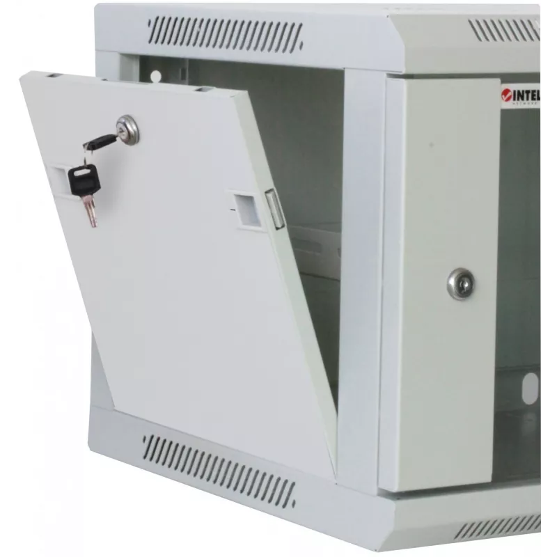 Intellinet 19 colių tinklo spinta – sieninė (standartinė), 20U, 600 mm gylio, pilka, surinkta, maks. 60 kg, tinkama naudoti ir ant stalo ar grindų, naudingas gylis 500 mm, metalinės ir stiklinės durys, galinė panelė, nuimami šonai, dalys sieniniam montavimui nepridedamos