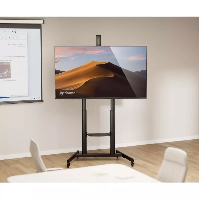 Manhattan Trolley Mount Stand for TV & Monitors (crank handle height adjust), For screens: 37 inch to 120 inch,VESA compatibility:all between 200x200 to 1000x600mm -check the dimensions of the four mounting holes on back of screen to ensure it fits,Max 120kg,1180 to 1630mm