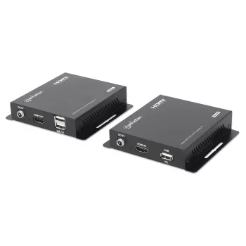 ”Manhattan“ 1080p HDMI KVM per IP plėtiklio rinkinys, pratęsia 1080p@60Hz signalą iki 120 m su vienu 6 kat. eterneto kabeliu arba IP tinklu, siųstuvas ir imtuvas, USB-A prievadai asmeniniam kompiuteriui / pelei / klaviatūrai, juodos spalvos, trejų metų garantija