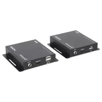 ”Manhattan“ 1080p HDMI KVM per IP plėtiklio rinkinys, pratęsia 1080p@60Hz signalą iki 120 m su vienu 6 kat. eterneto kabeliu arba IP tinklu, siųstuvas ir imtuvas, USB-A prievadai asmeniniam kompiuteriui / pelei / klaviatūrai, juodos spalvos, trejų metų garantija