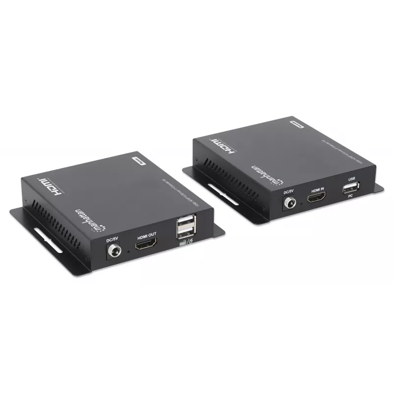 ”Manhattan“ 1080p HDMI KVM per IP plėtiklio rinkinys, pratęsia 1080p@60Hz signalą iki 120 m su vienu 6 kat. eterneto kabeliu arba IP tinklu, siųstuvas ir imtuvas, USB-A prievadai asmeniniam kompiuteriui / pelei / klaviatūrai, juodos spalvos, trejų metų garantija