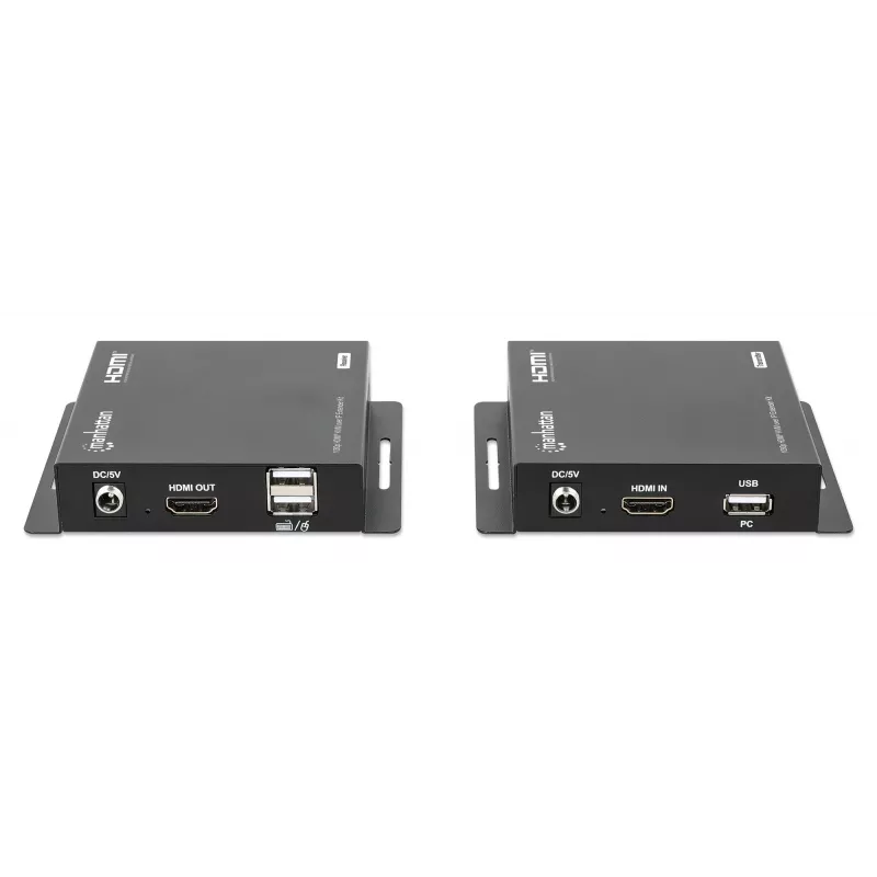 ”Manhattan“ 1080p HDMI KVM per IP plėtiklio rinkinys, pratęsia 1080p@60Hz signalą iki 120 m su vienu 6 kat. eterneto kabeliu arba IP tinklu, siųstuvas ir imtuvas, USB-A prievadai asmeniniam kompiuteriui / pelei / klaviatūrai, juodos spalvos, trejų metų garantija