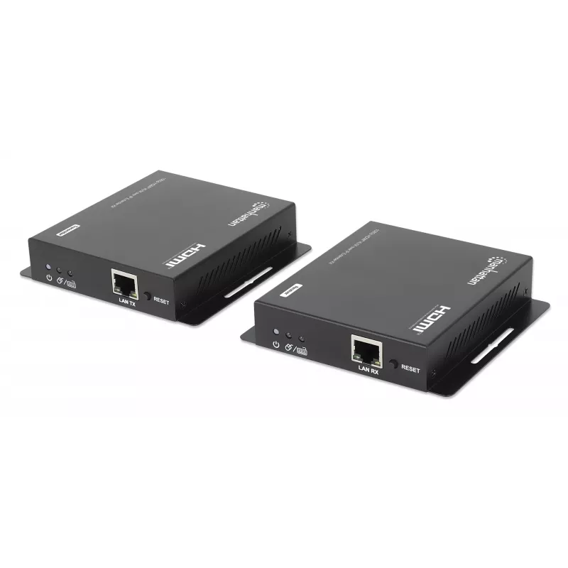 ”Manhattan“ 1080p HDMI KVM per IP plėtiklio rinkinys, pratęsia 1080p@60Hz signalą iki 120 m su vienu 6 kat. eterneto kabeliu arba IP tinklu, siųstuvas ir imtuvas, USB-A prievadai asmeniniam kompiuteriui / pelei / klaviatūrai, juodos spalvos, trejų metų garantija