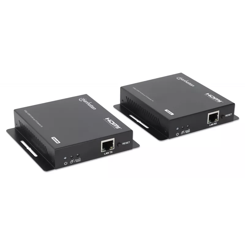 ”Manhattan“ 1080p HDMI KVM per IP plėtiklio rinkinys, pratęsia 1080p@60Hz signalą iki 120 m su vienu 6 kat. eterneto kabeliu arba IP tinklu, siųstuvas ir imtuvas, USB-A prievadai asmeniniam kompiuteriui / pelei / klaviatūrai, juodos spalvos, trejų metų garantija