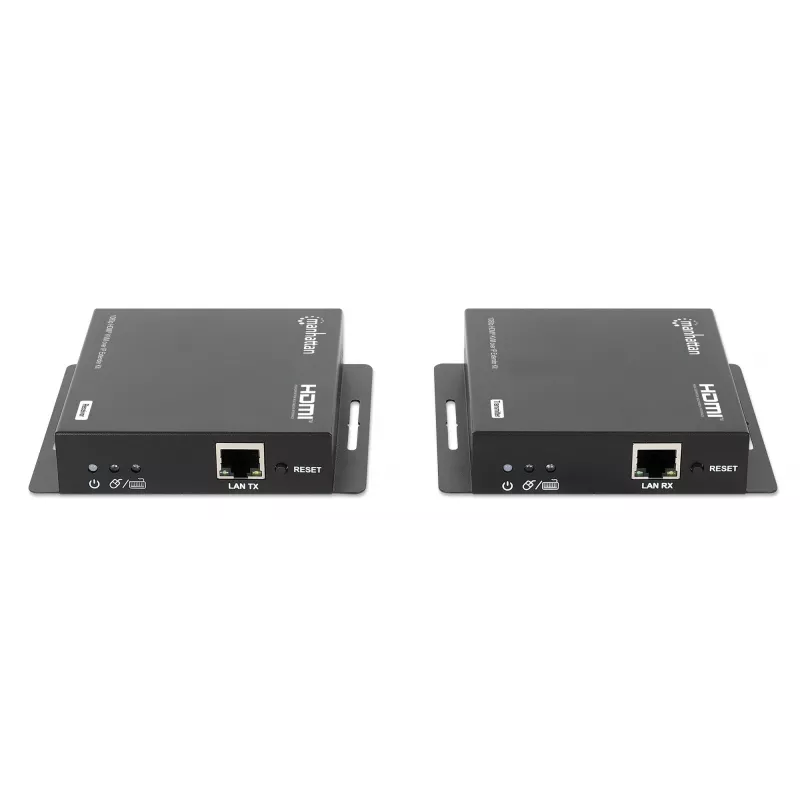 ”Manhattan“ 1080p HDMI KVM per IP plėtiklio rinkinys, pratęsia 1080p@60Hz signalą iki 120 m su vienu 6 kat. eterneto kabeliu arba IP tinklu, siųstuvas ir imtuvas, USB-A prievadai asmeniniam kompiuteriui / pelei / klaviatūrai, juodos spalvos, trejų metų garantija