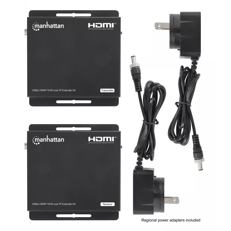 ”Manhattan“ 1080p HDMI KVM per IP plėtiklio rinkinys, pratęsia 1080p@60Hz signalą iki 120 m su vienu 6 kat. eterneto kabeliu arba IP tinklu, siųstuvas ir imtuvas, USB-A prievadai asmeniniam kompiuteriui / pelei / klaviatūrai, juodos spalvos, trejų metų garantija
