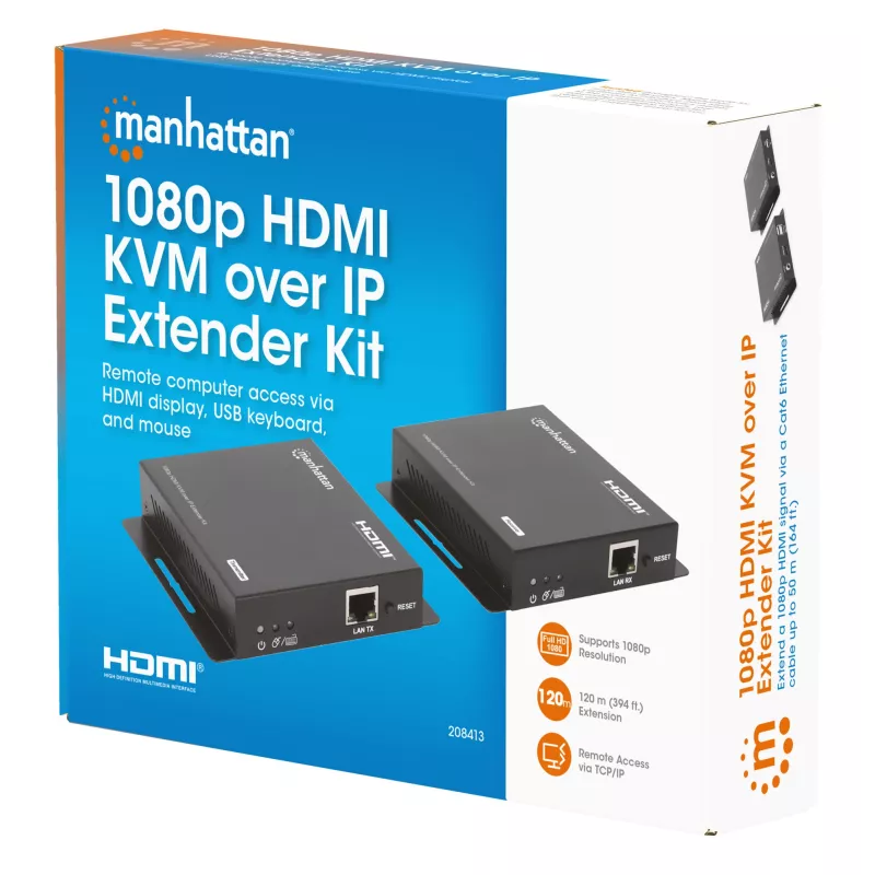 ”Manhattan“ 1080p HDMI KVM per IP plėtiklio rinkinys, pratęsia 1080p@60Hz signalą iki 120 m su vienu 6 kat. eterneto kabeliu arba IP tinklu, siųstuvas ir imtuvas, USB-A prievadai asmeniniam kompiuteriui / pelei / klaviatūrai, juodos spalvos, trejų metų garantija