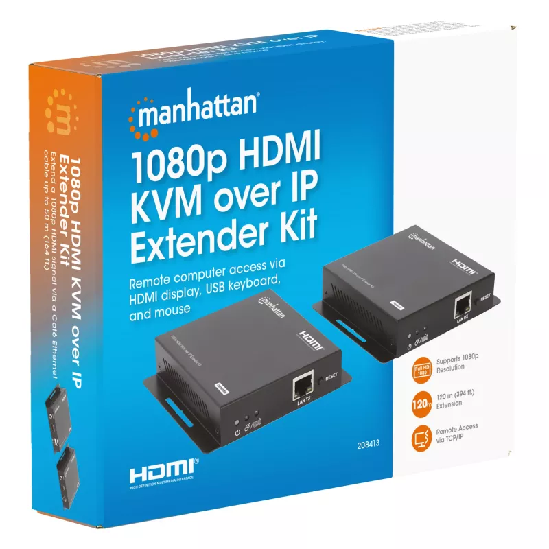 ”Manhattan“ 1080p HDMI KVM per IP plėtiklio rinkinys, pratęsia 1080p@60Hz signalą iki 120 m su vienu 6 kat. eterneto kabeliu arba IP tinklu, siųstuvas ir imtuvas, USB-A prievadai asmeniniam kompiuteriui / pelei / klaviatūrai, juodos spalvos, trejų metų garantija