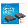 ”Manhattan“ 1080p HDMI KVM per IP plėtiklio rinkinys, pratęsia 1080p@60Hz signalą iki 120 m su vienu 6 kat. eterneto kabeliu arba IP tinklu, siųstuvas ir imtuvas, USB-A prievadai asmeniniam kompiuteriui / pelei / klaviatūrai, juodos spalvos, trejų metų garantija