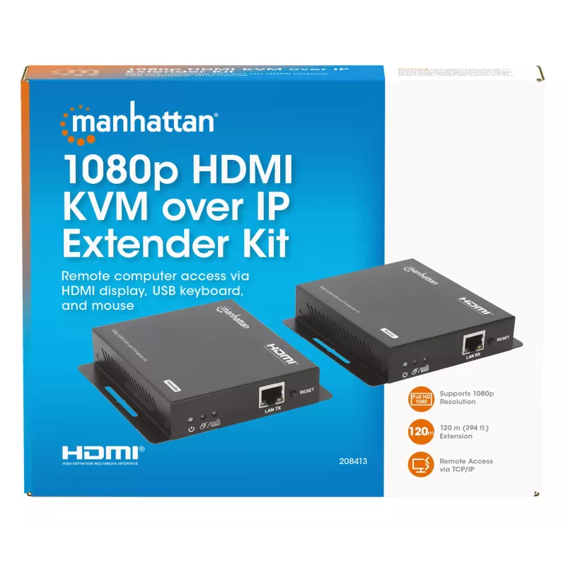 ”Manhattan“ 1080p HDMI KVM per IP plėtiklio rinkinys, pratęsia 1080p@60Hz signalą iki 120 m su vienu 6 kat. eterneto kabeliu arba IP tinklu, siųstuvas ir imtuvas, USB-A prievadai asmeniniam kompiuteriui / pelei / klaviatūrai, juodos spalvos, trejų metų garantija