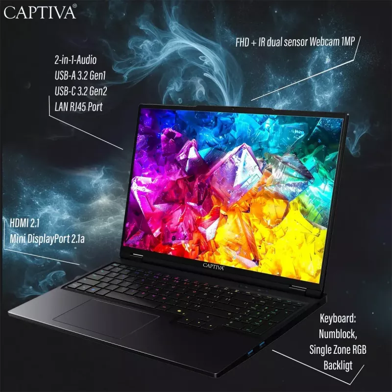 Nešiojamasis kompiuteris Captiva CAPTIVA 97825 — Intel Core Ultra 9 275HX, 16 colių WQXGA (2560×1600), 16 GB DDR5, SSD, NVIDIA GeForce RTX 5090, Wi‑Fi 6, juoda