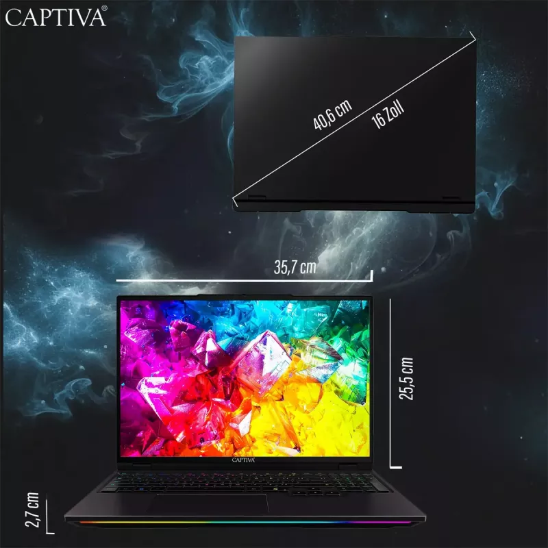 Nešiojamasis kompiuteris Captiva CAPTIVA 97825 — Intel Core Ultra 9 275HX, 16 colių WQXGA (2560×1600), 16 GB DDR5, SSD, NVIDIA GeForce RTX 5090, Wi‑Fi 6, juoda