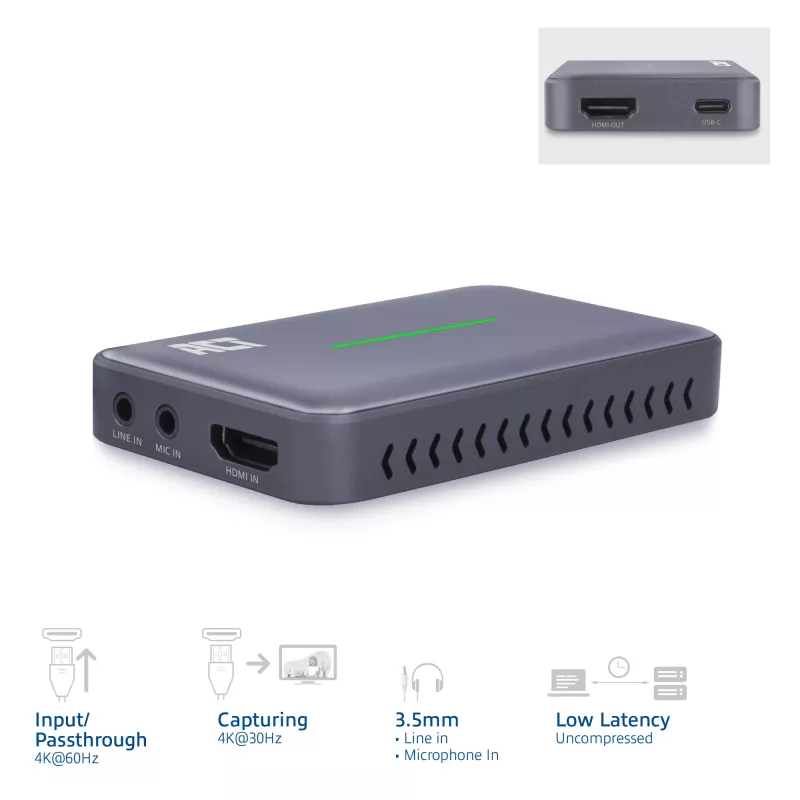 ACT USB-C vaizdo fiksavimo kortelė, HDMI 4K@60Hz pralaidumas, 4K@30Hz fiksavimas