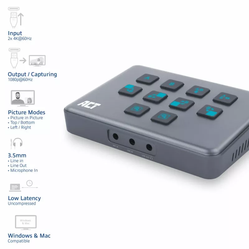 ACT dviejų HDMI įvesčių USB-C vaizdo perjungiklis 60Hz pilkas