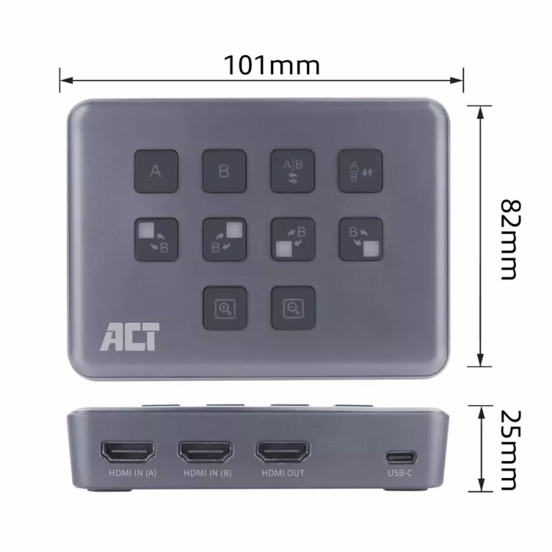 ACT dviejų HDMI įvesčių USB-C vaizdo perjungiklis 60Hz pilkas