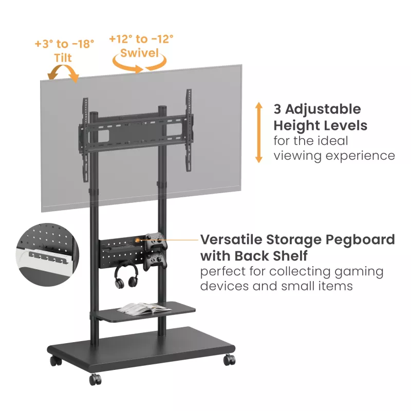 Mobilus TV stovas EQUIP 50–90 colių su perforuota lentyna, VESA 200x200–600x400, 60 kg, juodas