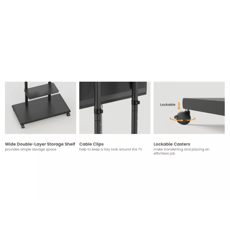 Mobilus TV stovas EQUIP 50–90 colių su perforuota lentyna, VESA 200x200–600x400, 60 kg, juodas