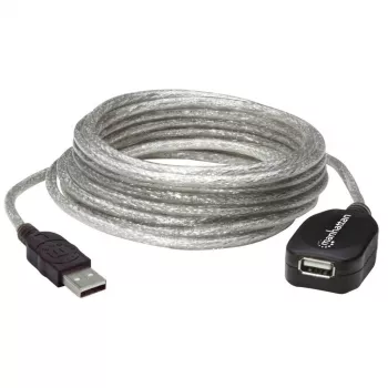 Manhattan USB-A į USB-A ilginamasis laidas, 5 m, kištukas į lizdą, aktyvus, permatomas sidabrinis, 480 Mb/s (USB 2.0), jungiamas grandinėle, įmontuotas kartotuvas, Hi-Speed USB, trejų metų garantija, atitinka USB2AAEXT5M (išskyrus spalvą).